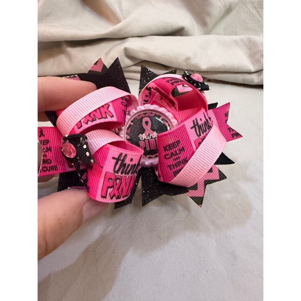 Think Pink Breast Cancer Awareness Boutique Hair Bow Pink Black Glitter Clip